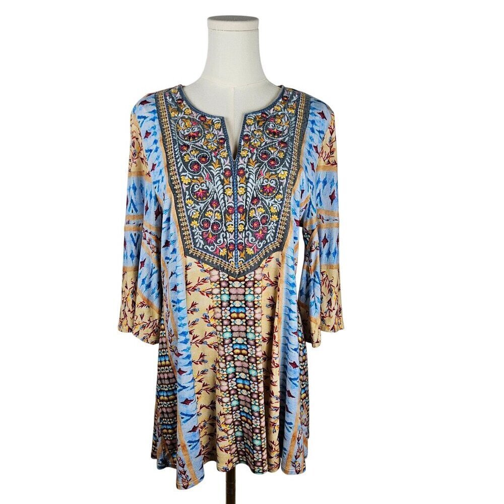 Soft Surroundings Fifi Tunic MP Floral Embroidered Boho Festival Blue Light 80ch